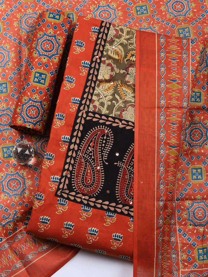 Rust Printed Cotton Blend Unstitched Suit &amp; Pant With Cotton Dupatta