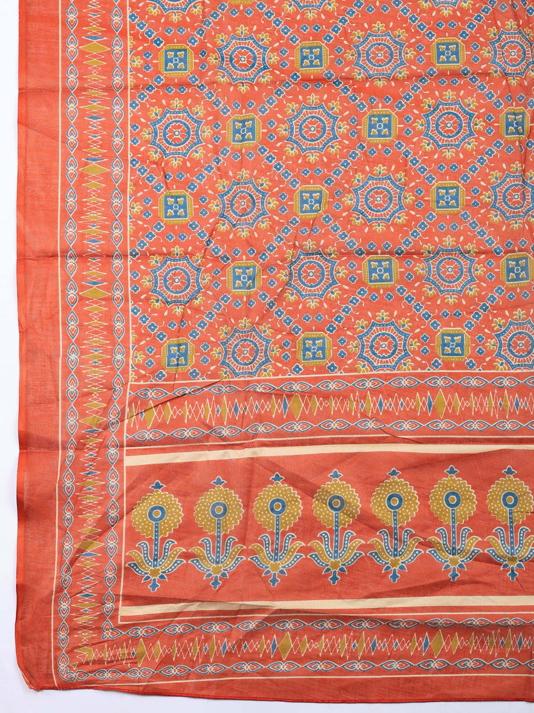 Rust Printed Cotton Blend Unstitched Suit &amp; Pant With Cotton Dupatta