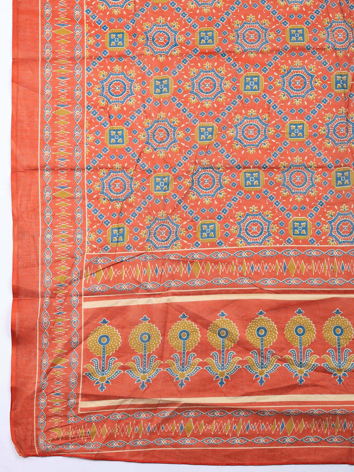 Rust Printed Cotton Blend Unstitched Suit &amp; Pant With Cotton Dupatta