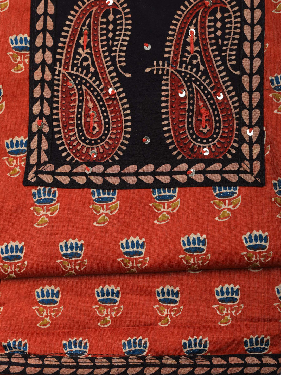 Rust Printed Cotton Blend Unstitched Suit &amp; Pant With Cotton Dupatta