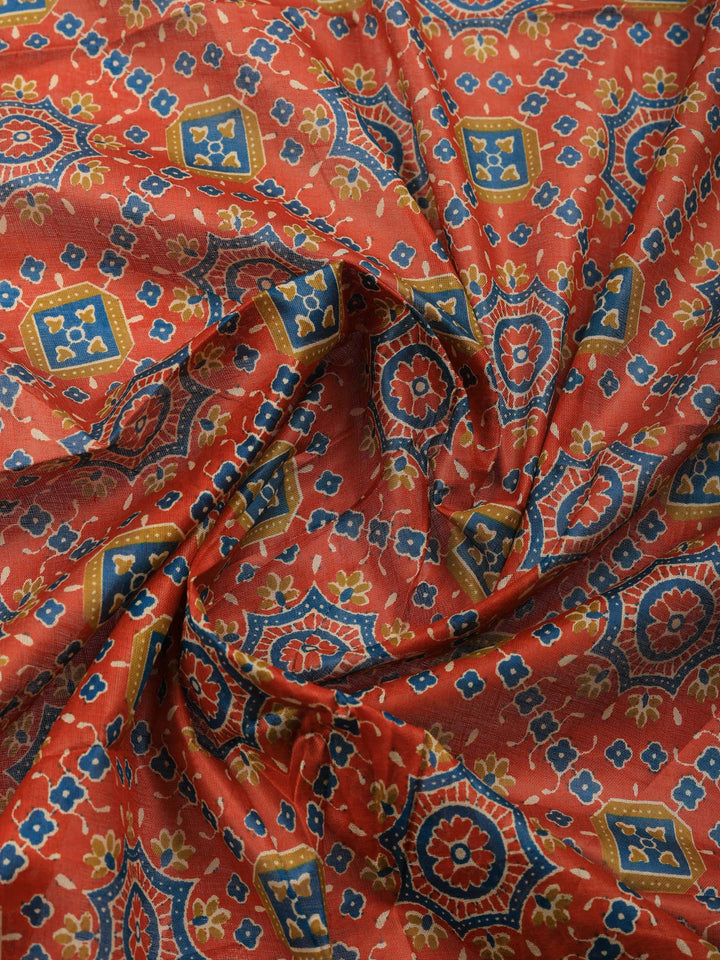 Rust Printed Cotton Blend Unstitched Suit &amp; Pant With Cotton Dupatta