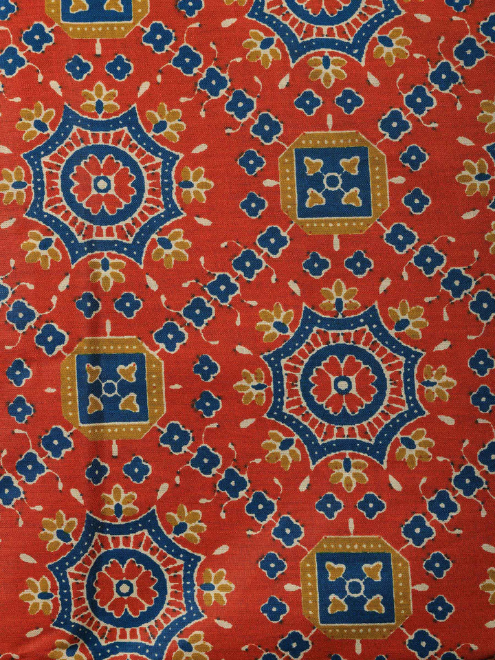 Rust Printed Cotton Blend Unstitched Suit &amp; Pant With Cotton Dupatta