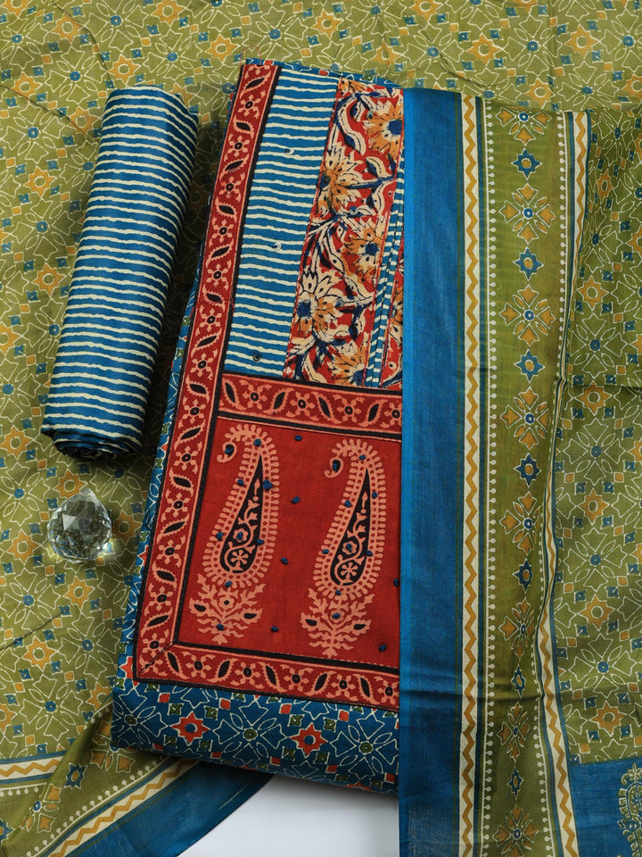 Blue Printed Cotton Blend Unstitched Suit &amp; Pant With Cotton Dupatta