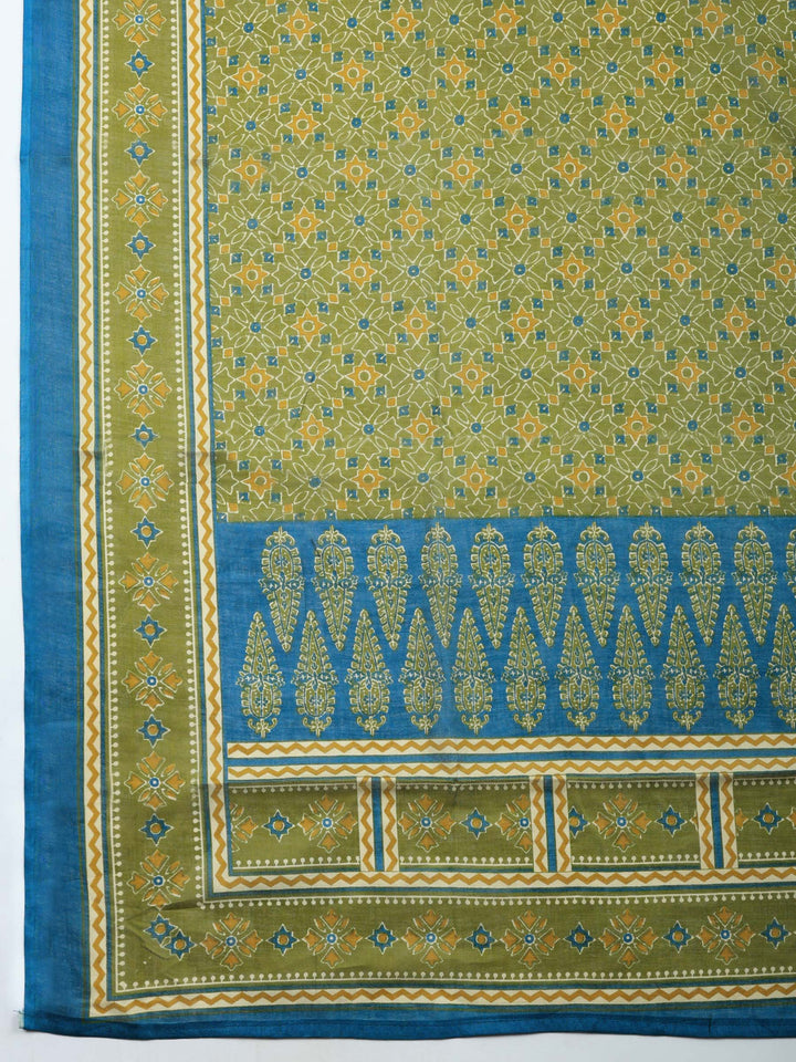 Blue Printed Cotton Blend Unstitched Suit &amp; Pant With Cotton Dupatta