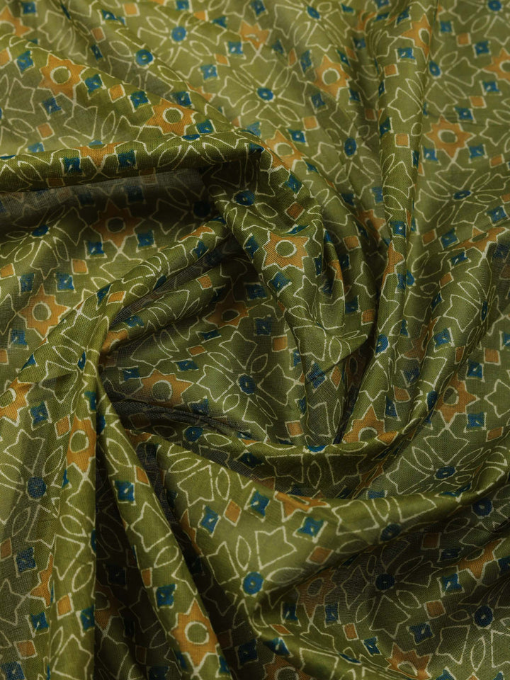 Blue Printed Cotton Blend Unstitched Suit &amp; Pant With Cotton Dupatta