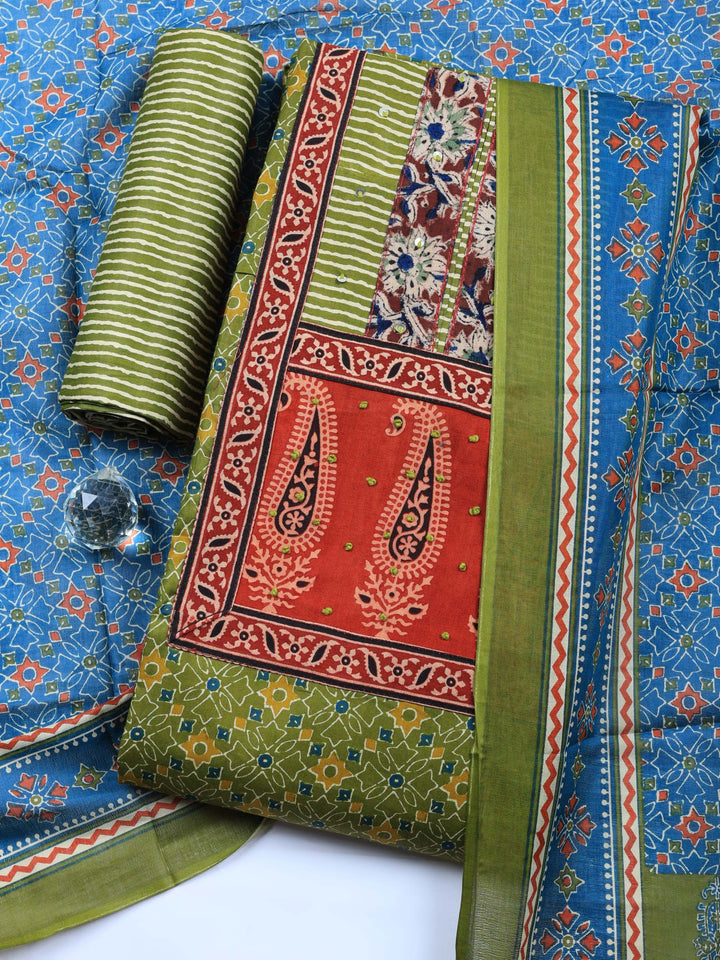 Green Printed Cotton Blend Unstitched Suit &amp; Pant With Cotton Dupatta