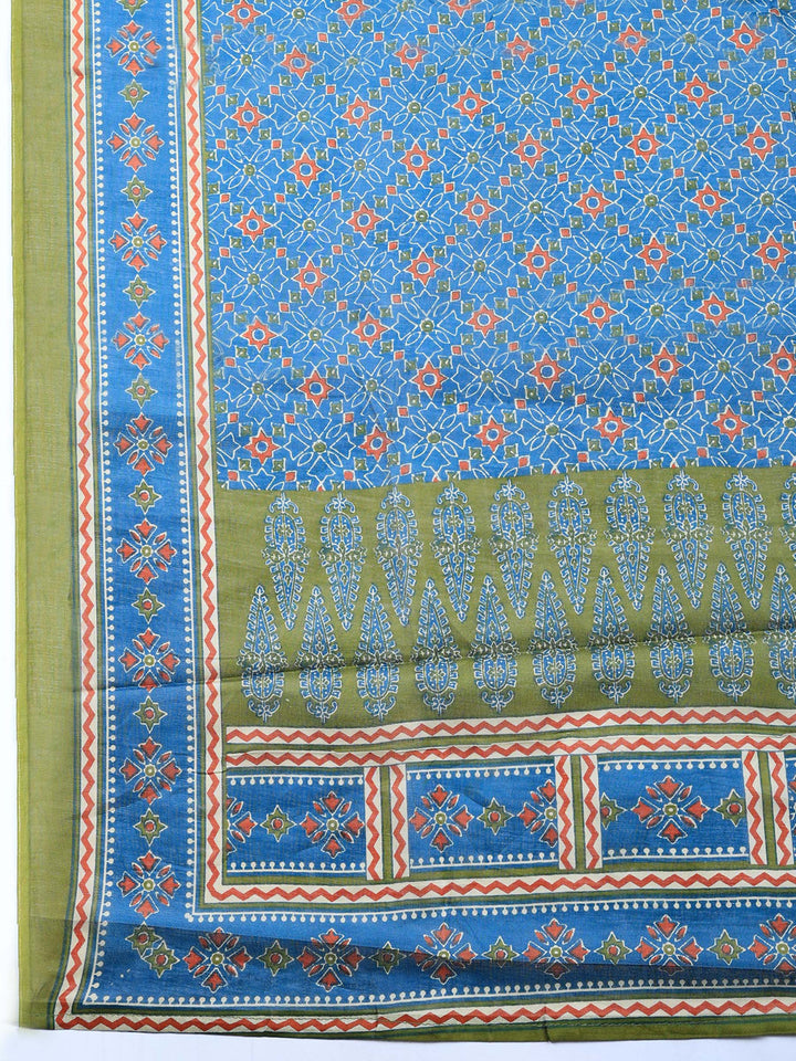 Green Printed Cotton Blend Unstitched Suit &amp; Pant With Cotton Dupatta