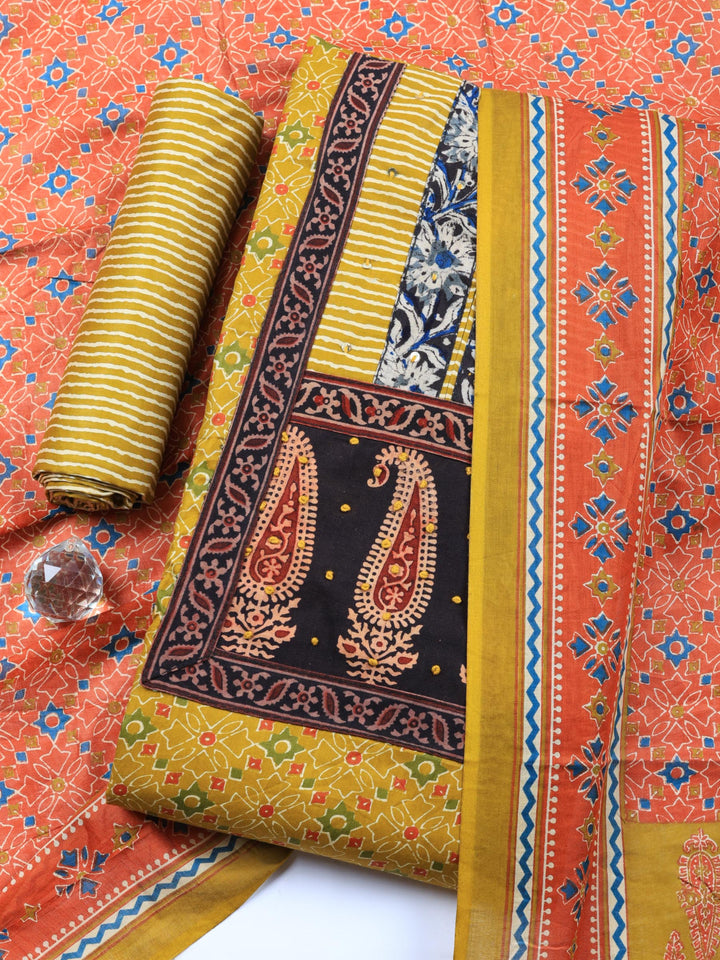 Mustard Printed Cotton Blend Unstitched Suit &amp; Pant With Cotton Dupatta