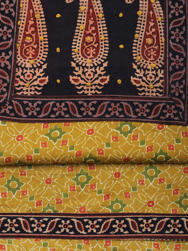 Mustard Printed Cotton Blend Unstitched Suit &amp; Pant With Cotton Dupatta