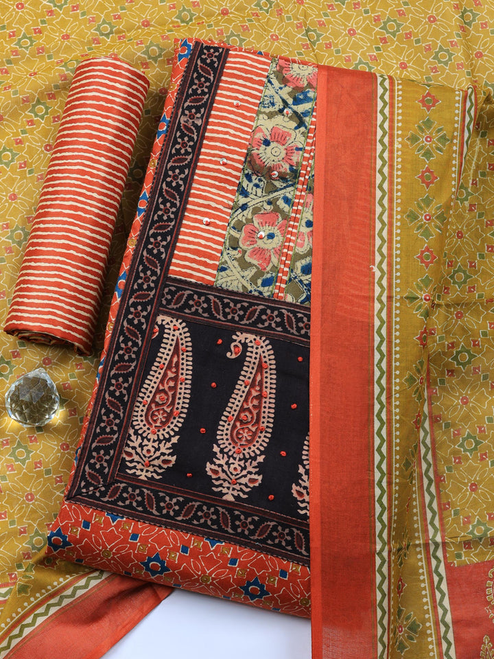 Rust Printed Cotton Blend Unstitched Suit &amp; Pant With Cotton Dupatta