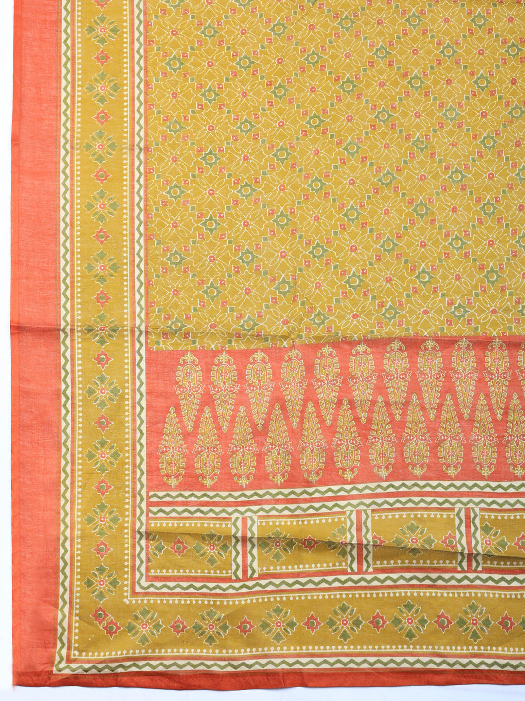 Rust Printed Cotton Blend Unstitched Suit &amp; Pant With Cotton Dupatta