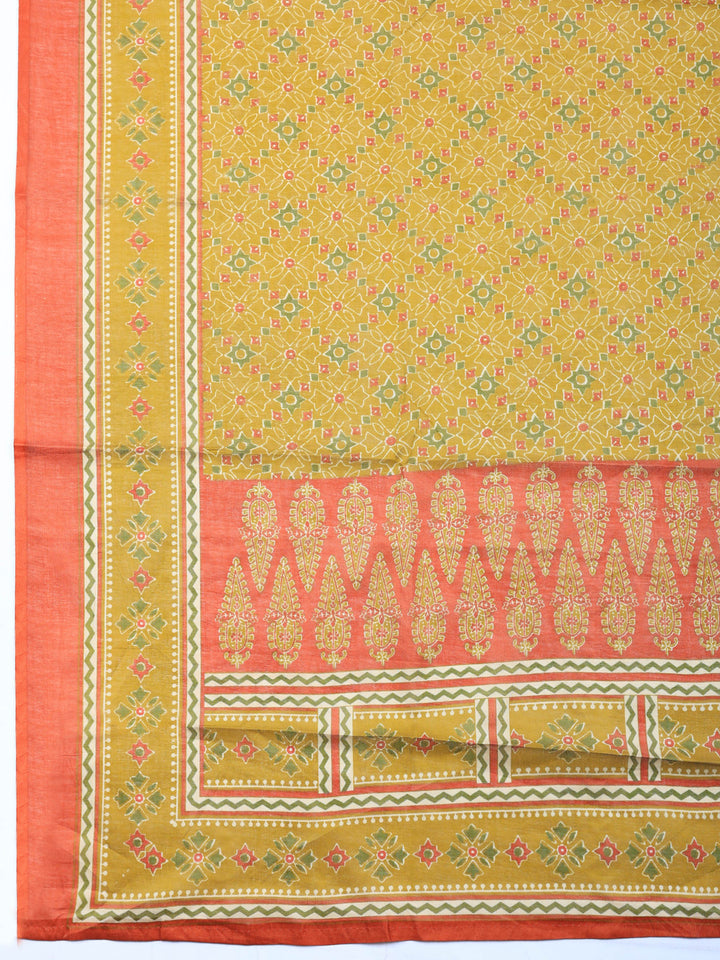 Rust Printed Cotton Blend Unstitched Suit &amp; Pant With Cotton Dupatta