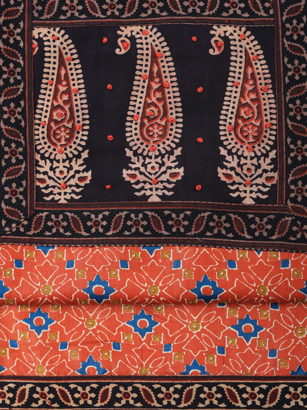 Rust Printed Cotton Blend Unstitched Suit &amp; Pant With Cotton Dupatta
