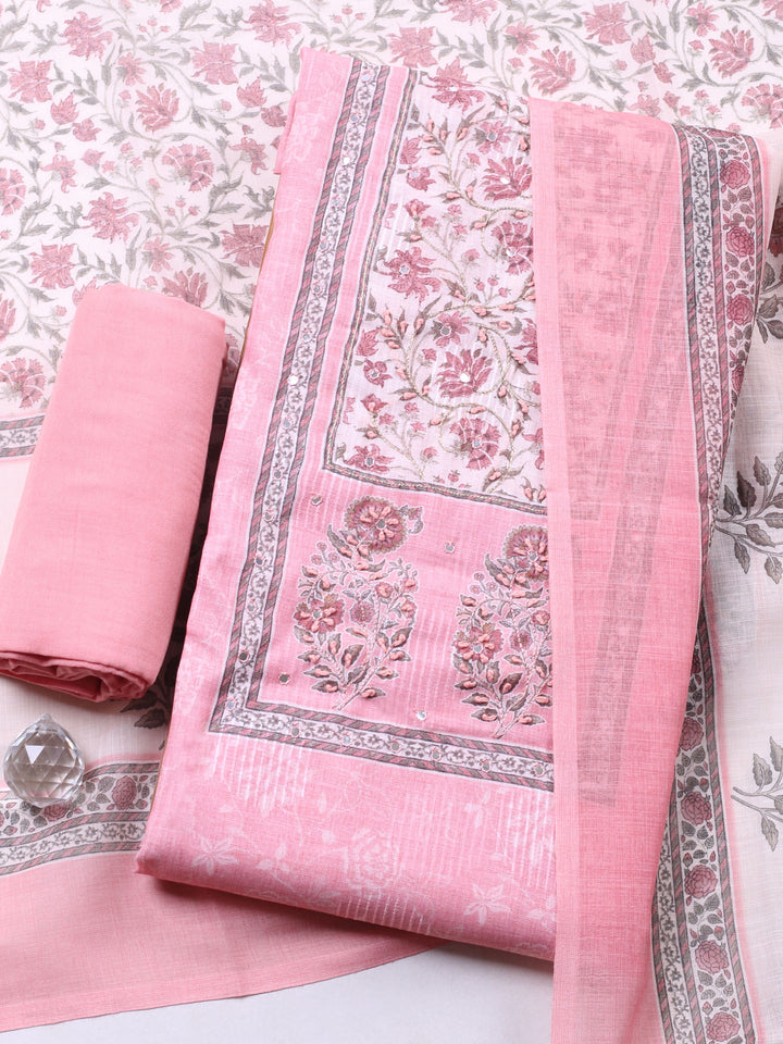 Peach Printed Cotton Blend Unstitched Suit &amp; Pant With Cotton Dupatta