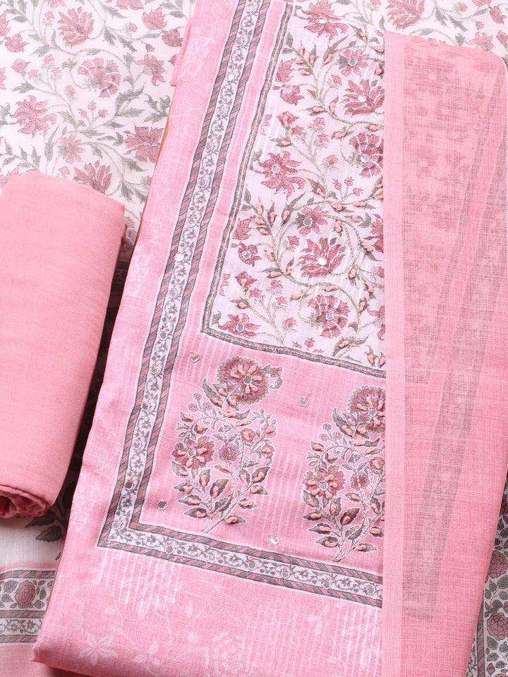 Peach Printed Cotton Blend Unstitched Suit &amp; Pant With Cotton Dupatta