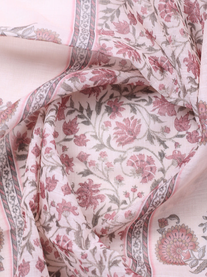 Peach Printed Cotton Blend Unstitched Suit &amp; Pant With Cotton Dupatta