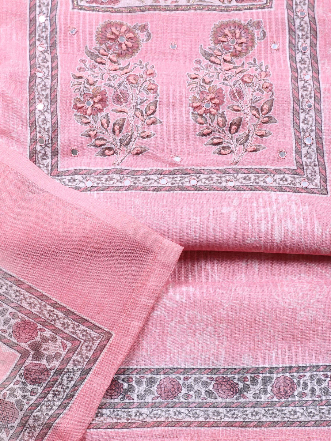 Peach Printed Cotton Blend Unstitched Suit &amp; Pant With Cotton Dupatta