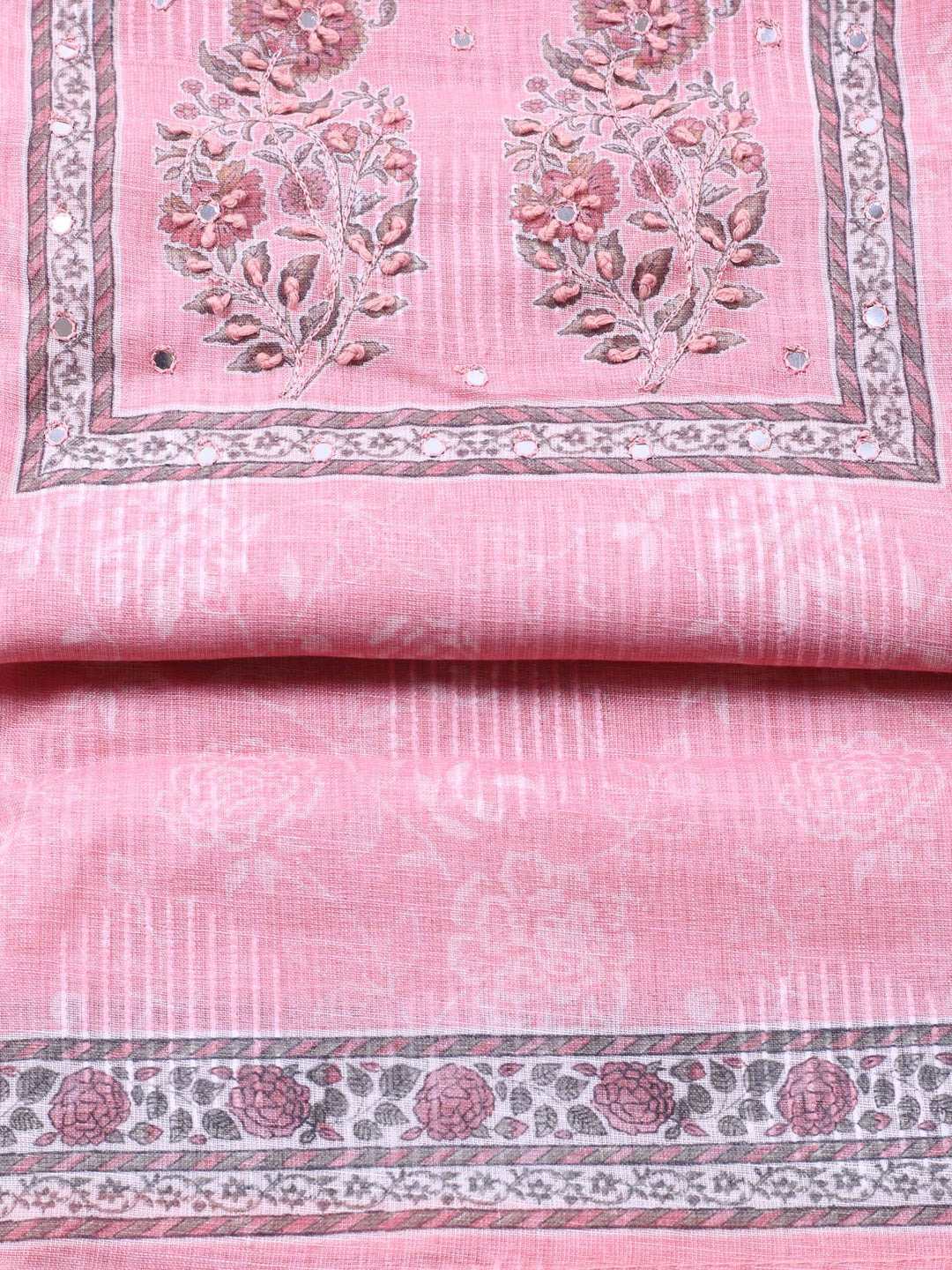 Peach Printed Cotton Blend Unstitched Suit &amp; Pant With Cotton Dupatta