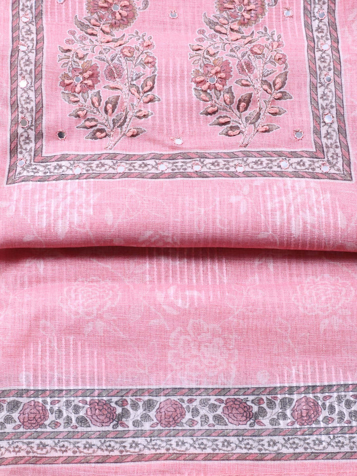 Peach Printed Cotton Blend Unstitched Suit &amp; Pant With Cotton Dupatta