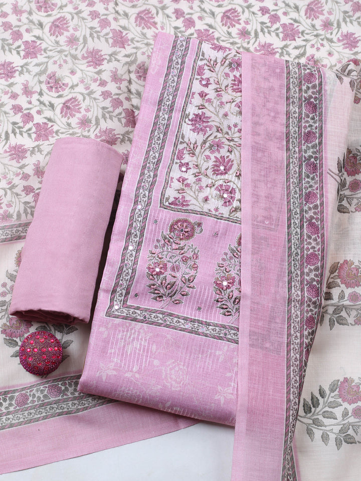 Pink Printed Cotton Blend Unstitched Suit &amp; Pant With Cotton Dupatta