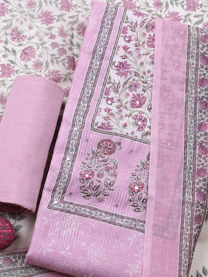 Pink Printed Cotton Blend Unstitched Suit &amp; Pant With Cotton Dupatta