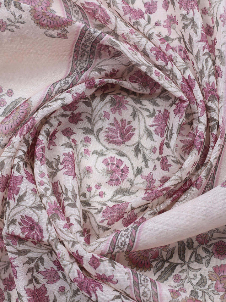 Pink Printed Cotton Blend Unstitched Suit &amp; Pant With Cotton Dupatta