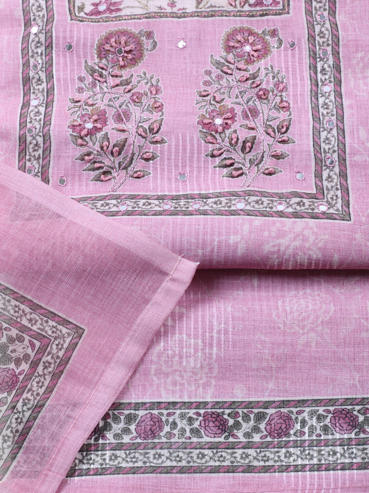 Pink Printed Cotton Blend Unstitched Suit &amp; Pant With Cotton Dupatta
