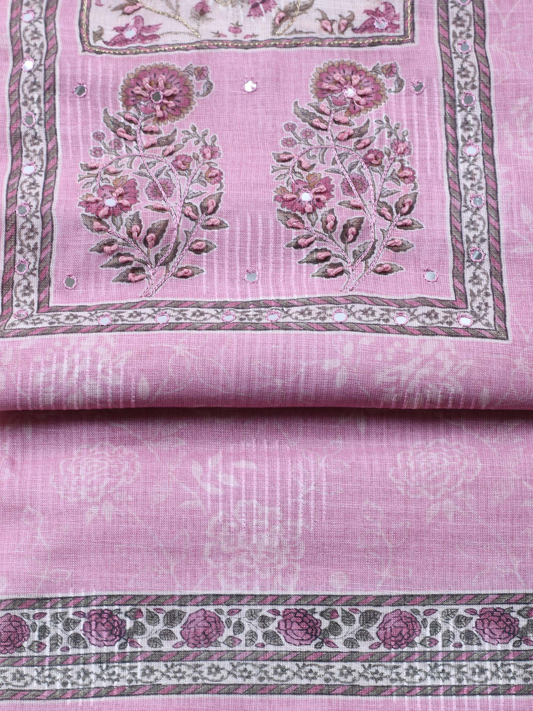 Pink Printed Cotton Blend Unstitched Suit &amp; Pant With Cotton Dupatta