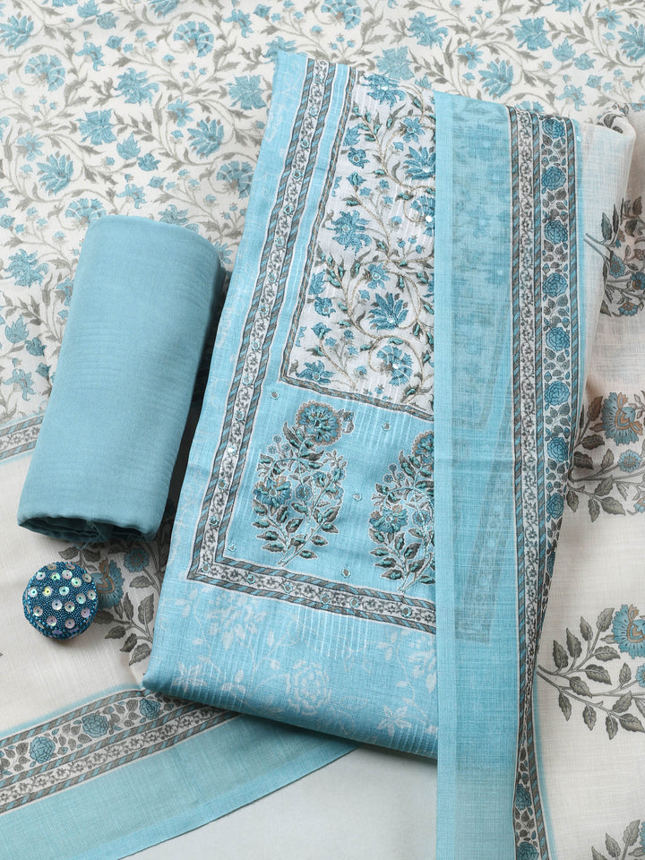 Sea Green Printed Cotton Blend Unstitched Suit &amp; Pant With Cotton Dupatta
