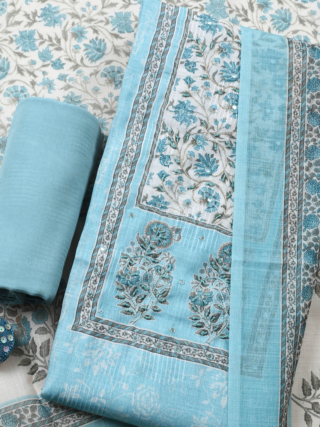 Sea Green Printed Cotton Blend Unstitched Suit &amp; Pant With Cotton Dupatta