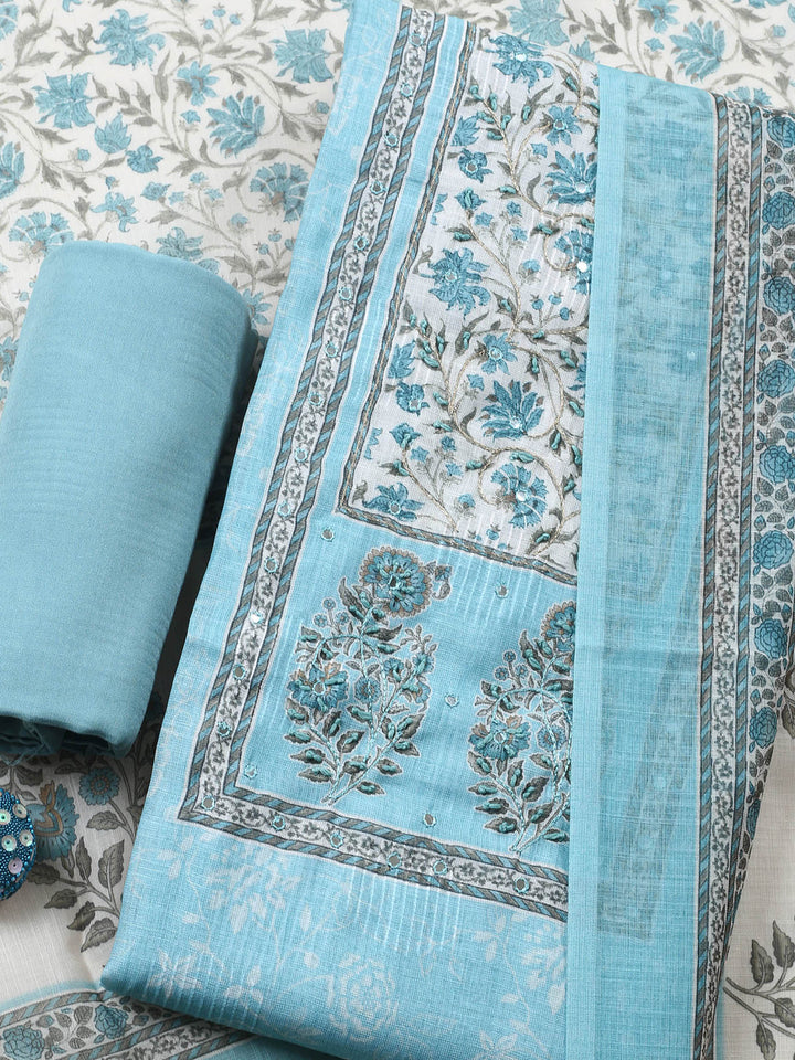 Sea Green Printed Cotton Blend Unstitched Suit &amp; Pant With Cotton Dupatta