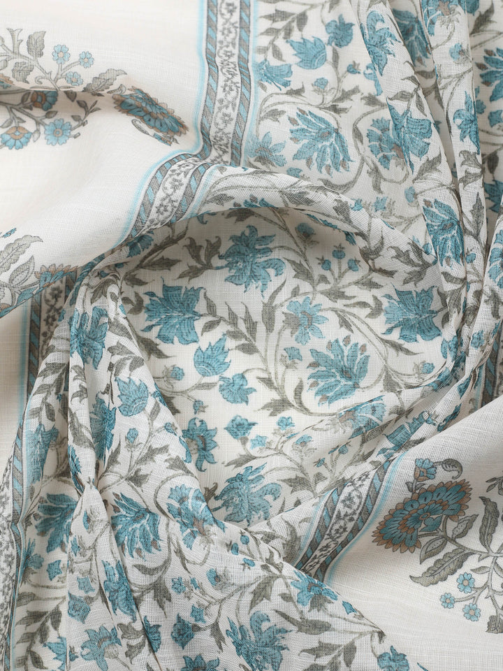 Sea Green Printed Cotton Blend Unstitched Suit &amp; Pant With Cotton Dupatta