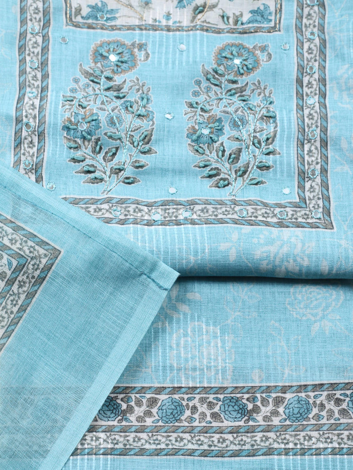Sea Green Printed Cotton Blend Unstitched Suit &amp; Pant With Cotton Dupatta