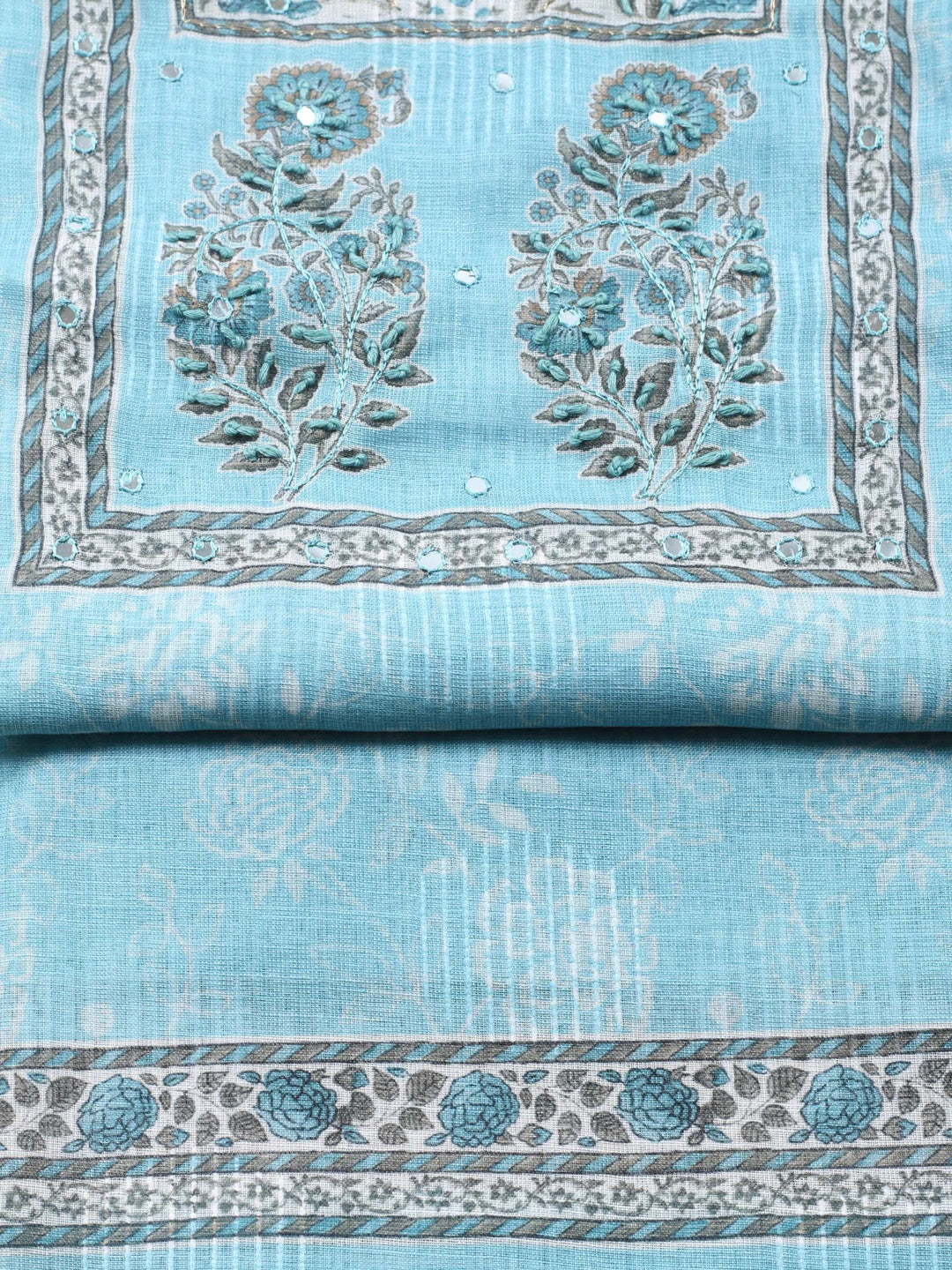 Sea Green Printed Cotton Blend Unstitched Suit &amp; Pant With Cotton Dupatta