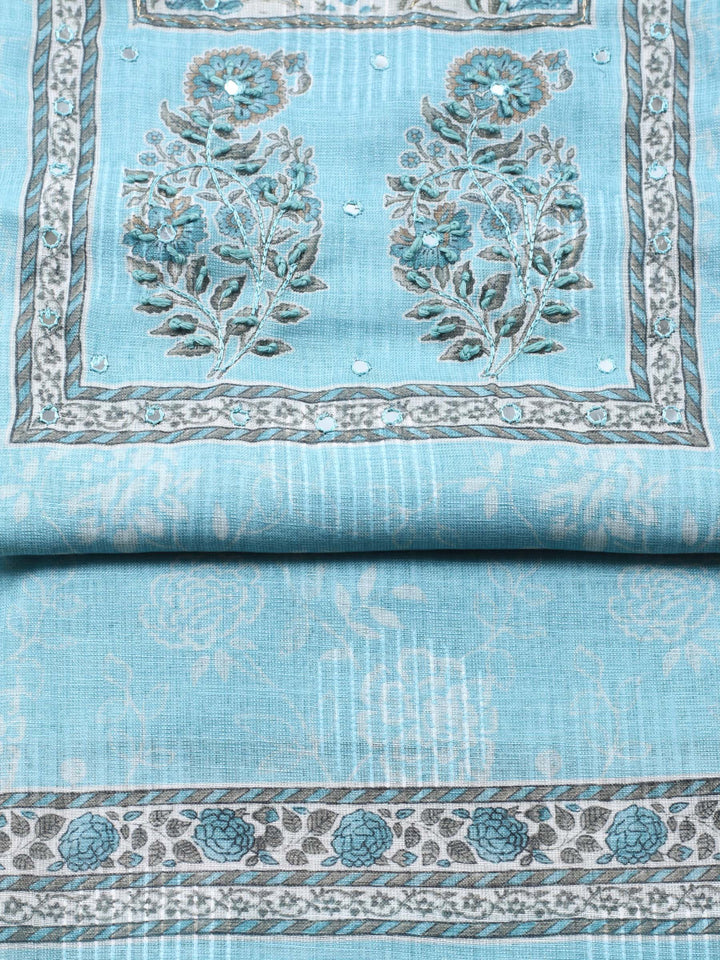 Sea Green Printed Cotton Blend Unstitched Suit &amp; Pant With Cotton Dupatta