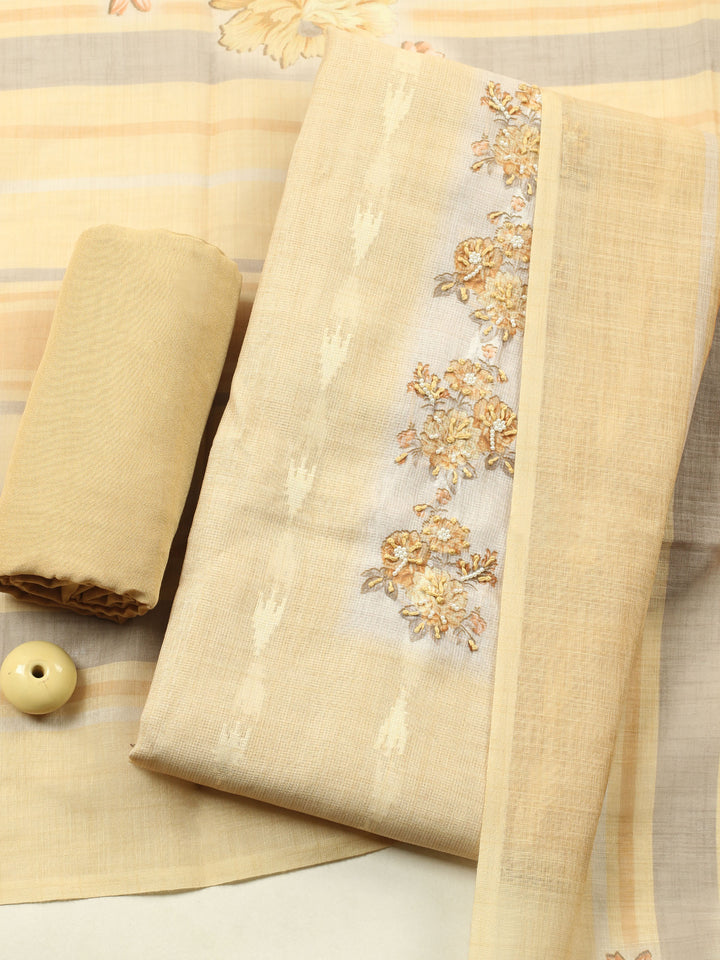 Mustard Printed Cotton Blend Unstitched Suit &amp; Pant With Cotton Dupatta