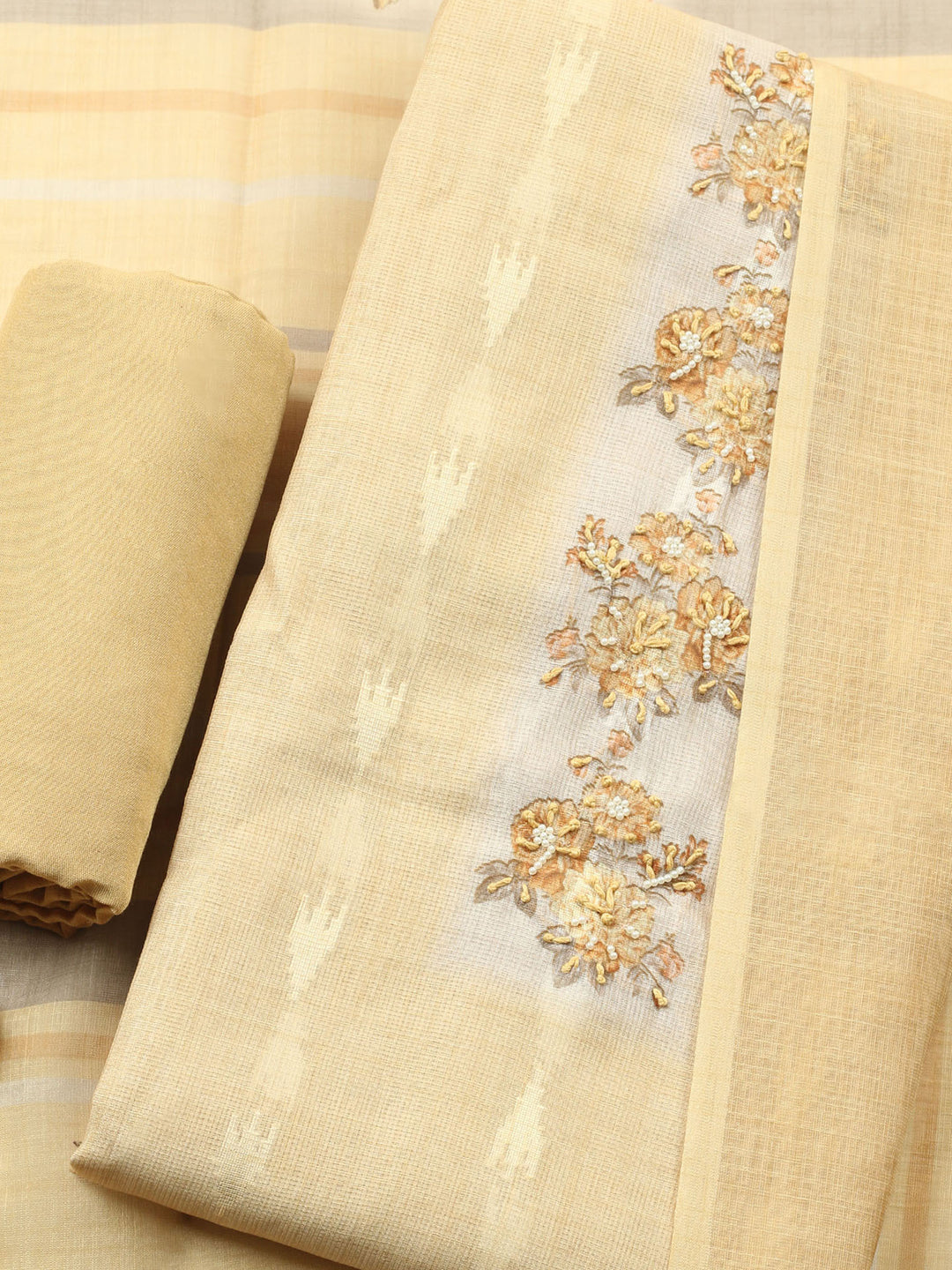 Mustard Printed Cotton Blend Unstitched Suit &amp; Pant With Cotton Dupatta