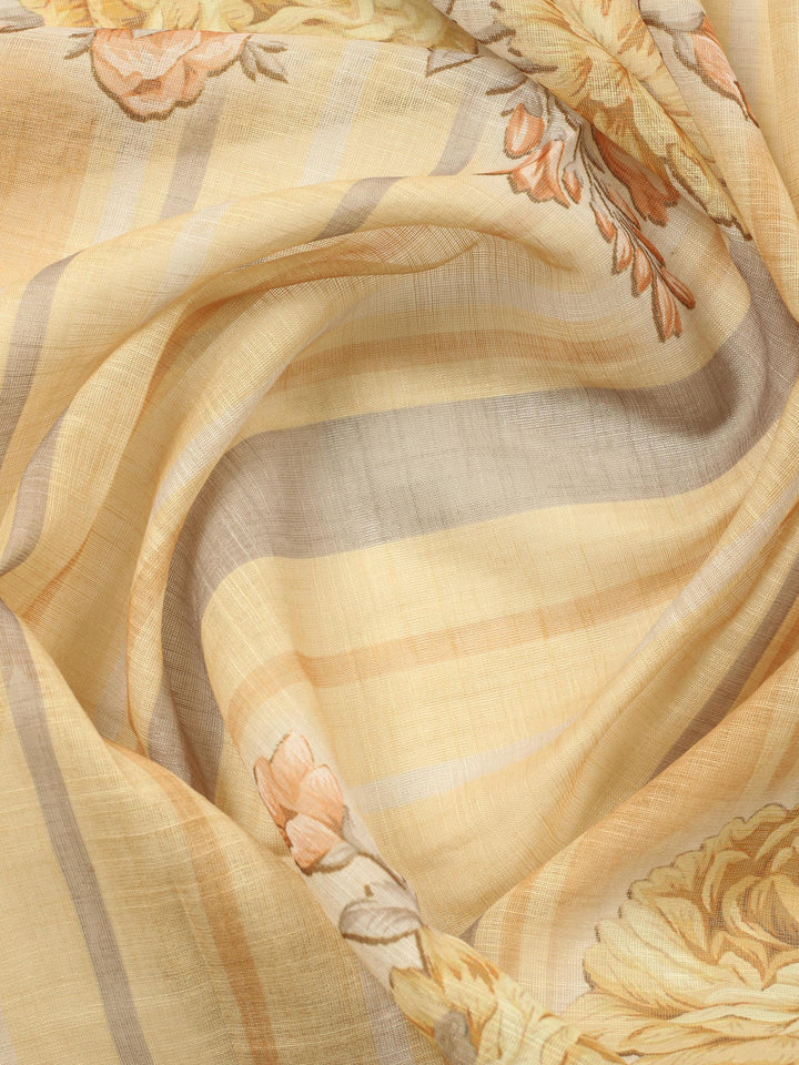 Mustard Printed Cotton Blend Unstitched Suit &amp; Pant With Cotton Dupatta