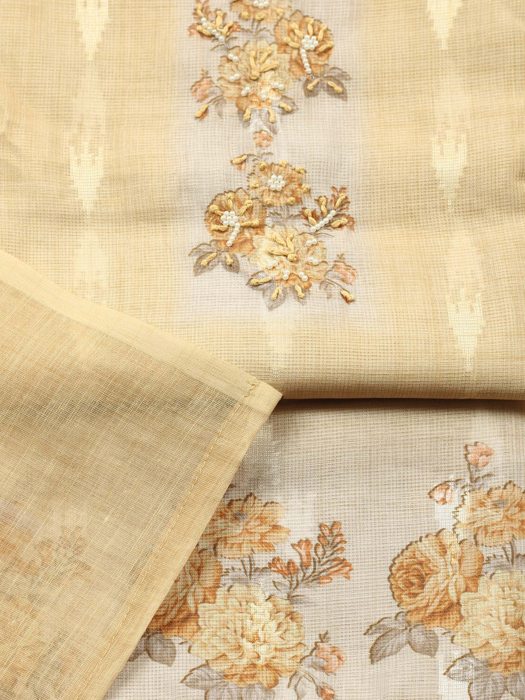 Mustard Printed Cotton Blend Unstitched Suit &amp; Pant With Cotton Dupatta