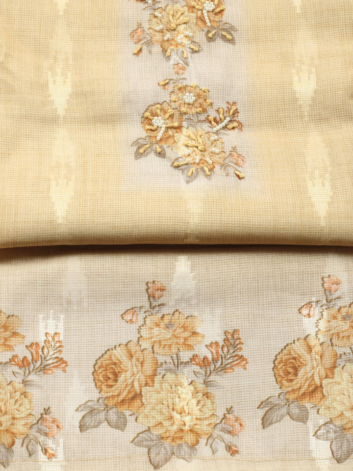 Mustard Printed Cotton Blend Unstitched Suit &amp; Pant With Cotton Dupatta