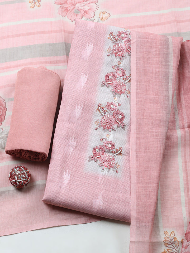 Peach Printed Cotton Blend Unstitched Suit &amp; Pant With Cotton Dupatta