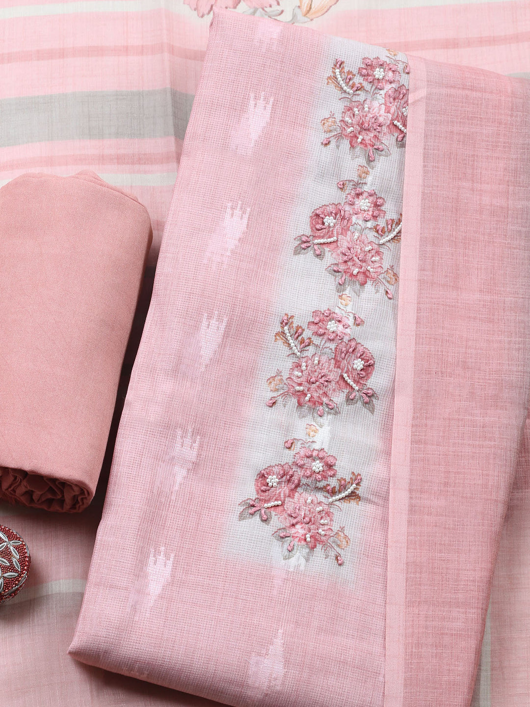 Peach Printed Cotton Blend Unstitched Suit &amp; Pant With Cotton Dupatta