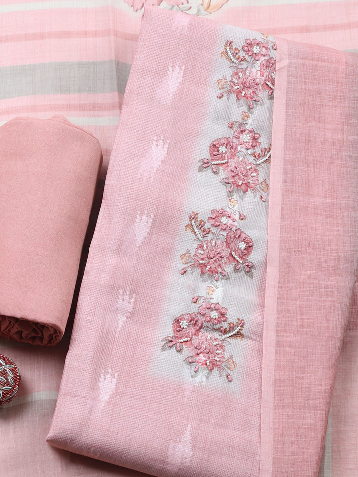 Peach Printed Cotton Blend Unstitched Suit &amp; Pant With Cotton Dupatta
