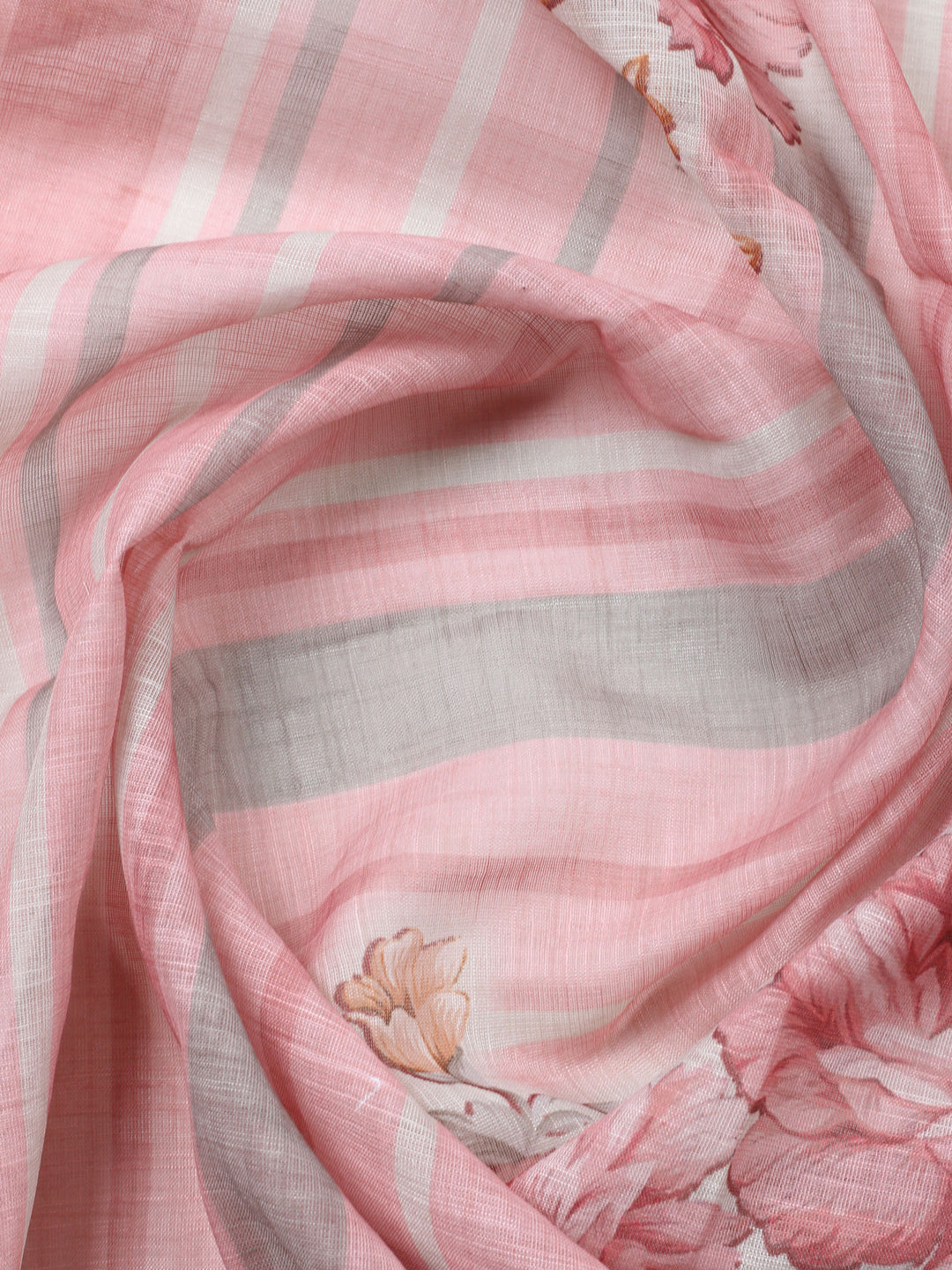 Peach Printed Cotton Blend Unstitched Suit &amp; Pant With Cotton Dupatta