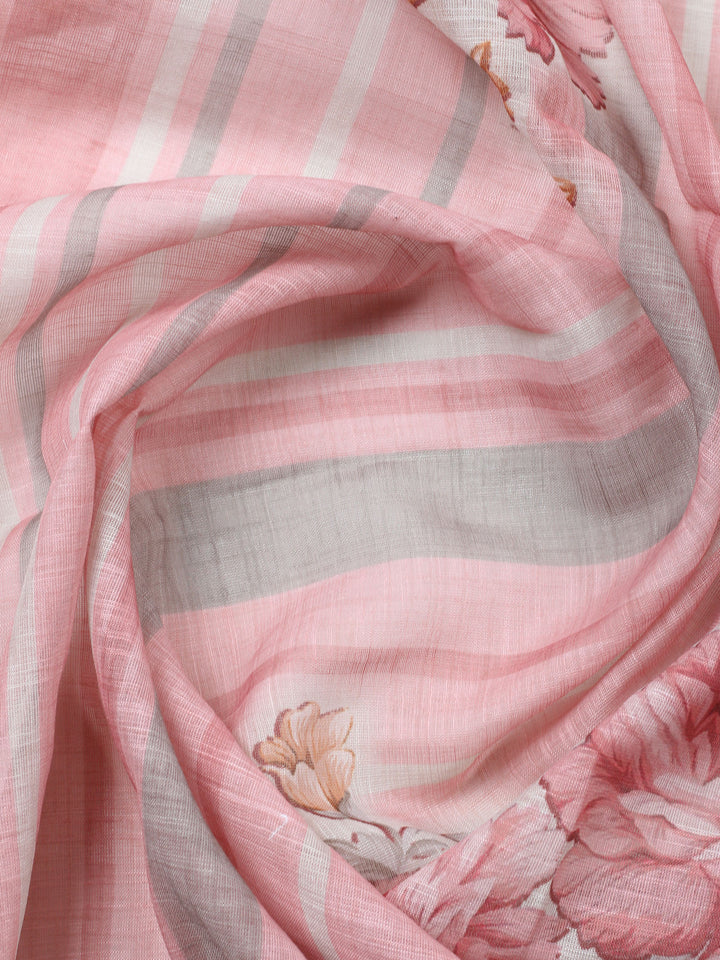 Peach Printed Cotton Blend Unstitched Suit &amp; Pant With Cotton Dupatta