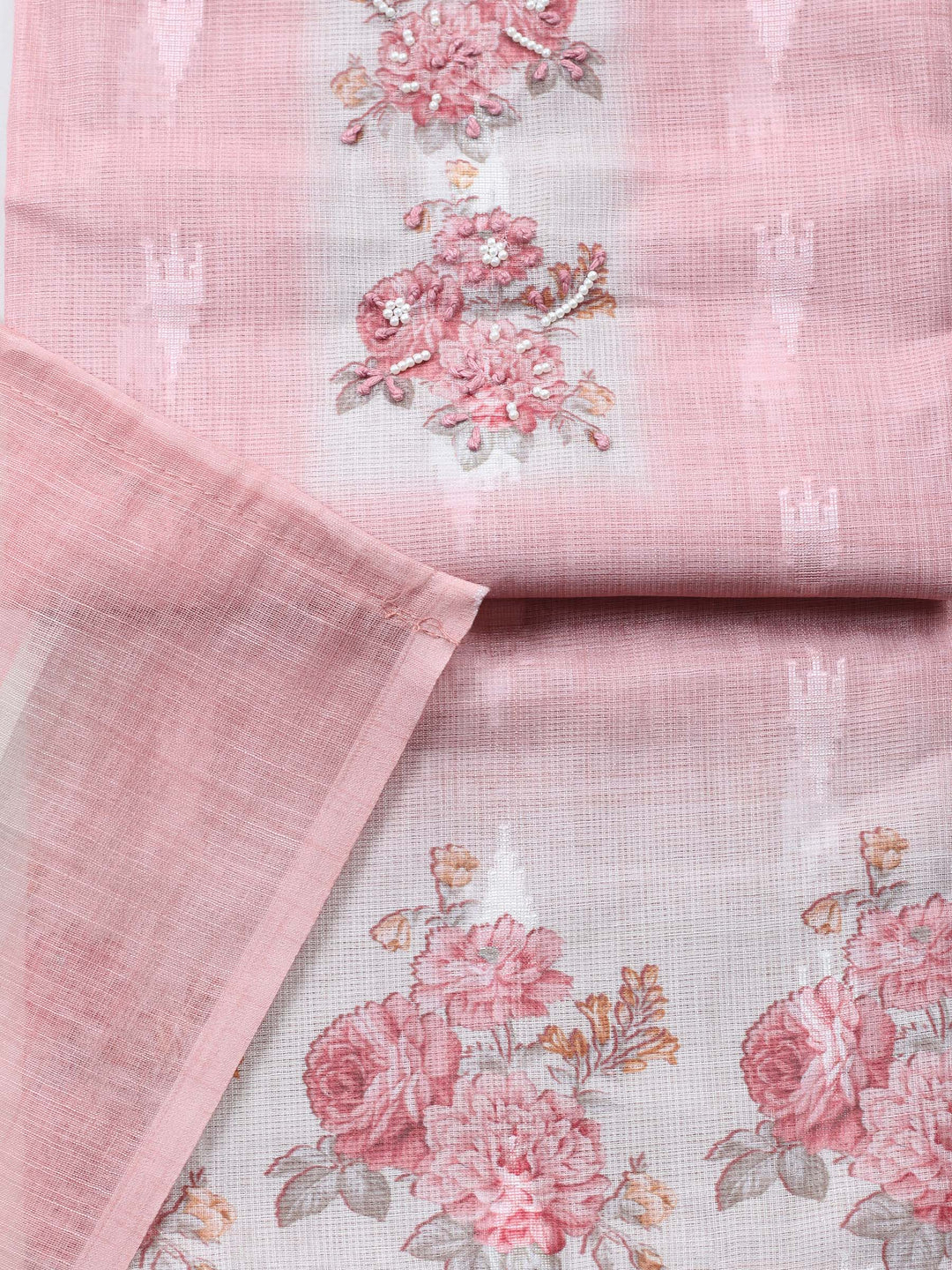 Peach Printed Cotton Blend Unstitched Suit &amp; Pant With Cotton Dupatta