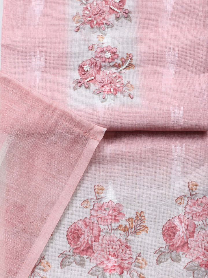 Peach Printed Cotton Blend Unstitched Suit &amp; Pant With Cotton Dupatta
