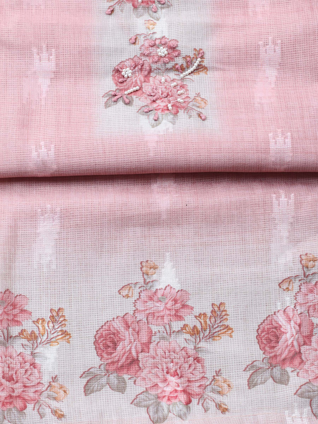 Peach Printed Cotton Blend Unstitched Suit &amp; Pant With Cotton Dupatta