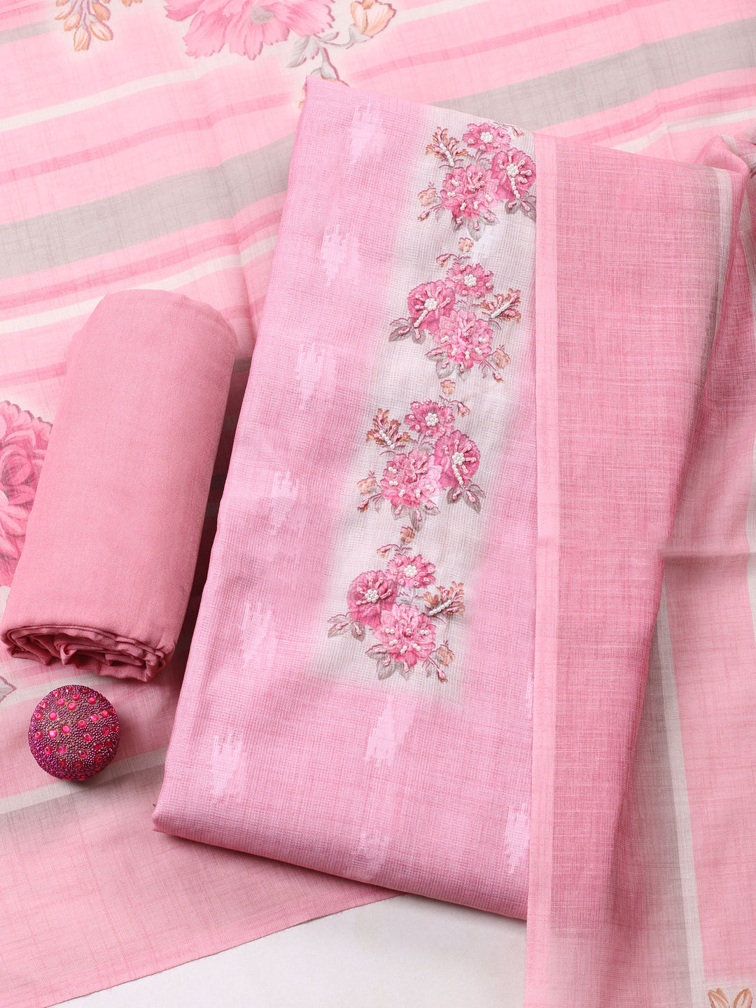 Pink Printed Cotton Blend Unstitched Suit &amp; Pant With Cotton Dupatta