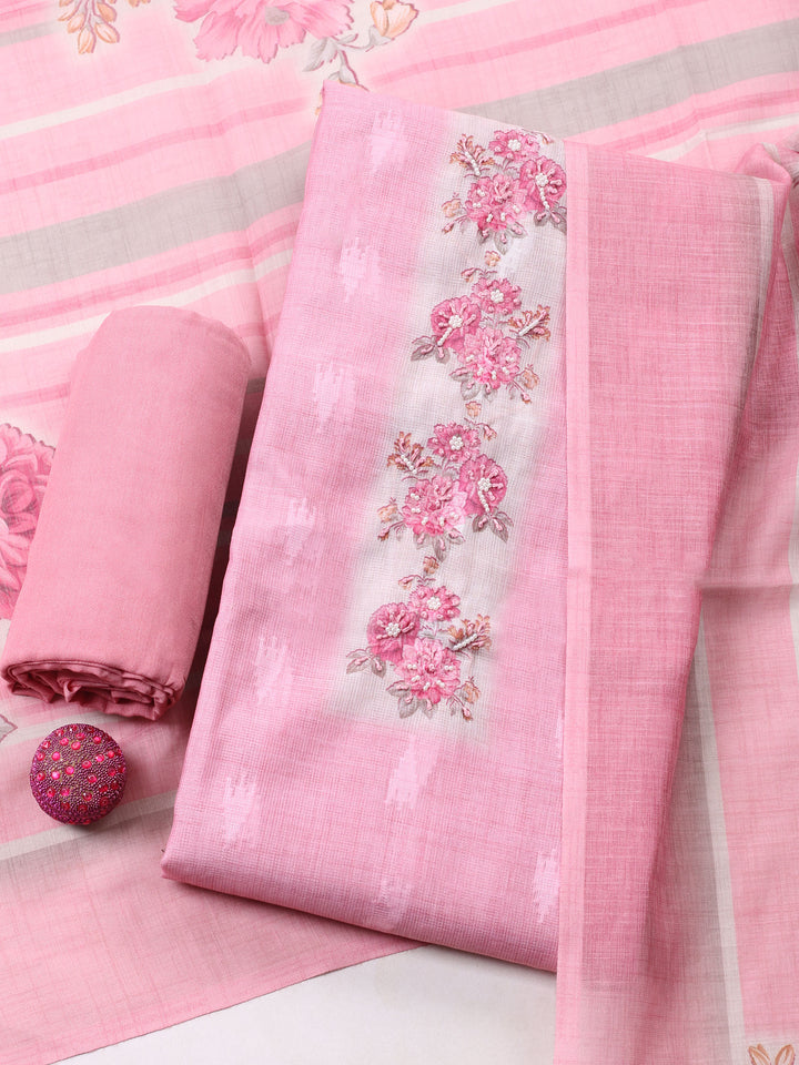 Pink Printed Cotton Blend Unstitched Suit &amp; Pant With Cotton Dupatta